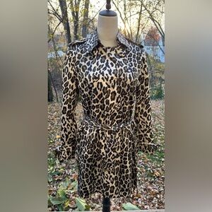 Leopard Print Trench Coat Women's Double Breasted Lapel Mid Length Belted Sz S